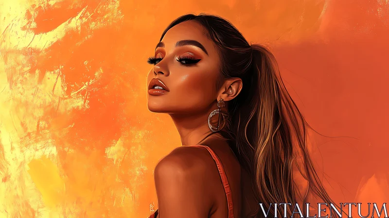 Warm-toned digital portrait of a woman against abstract orange field