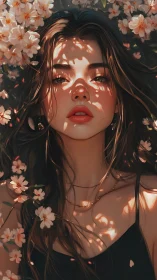 Young woman under dappled light with surrounding blossoms.