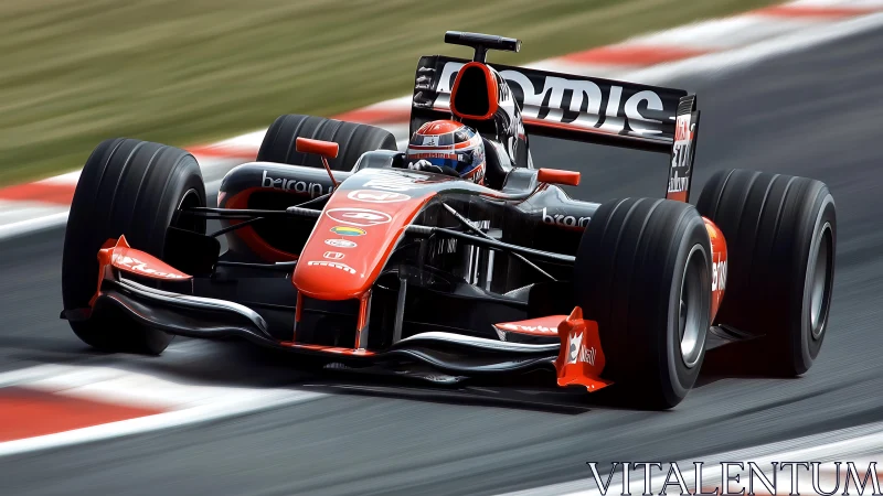 Formula racing car on track in front-facing motion view.