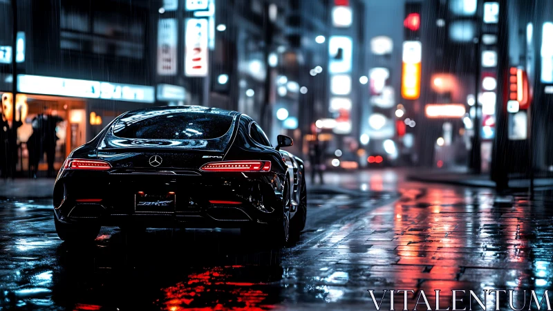 Mercedes sports coupe idles in neon-lit rain-soaked city street