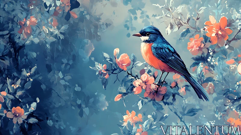 Chromatic songbird perched among stylized blossoms in cool palette