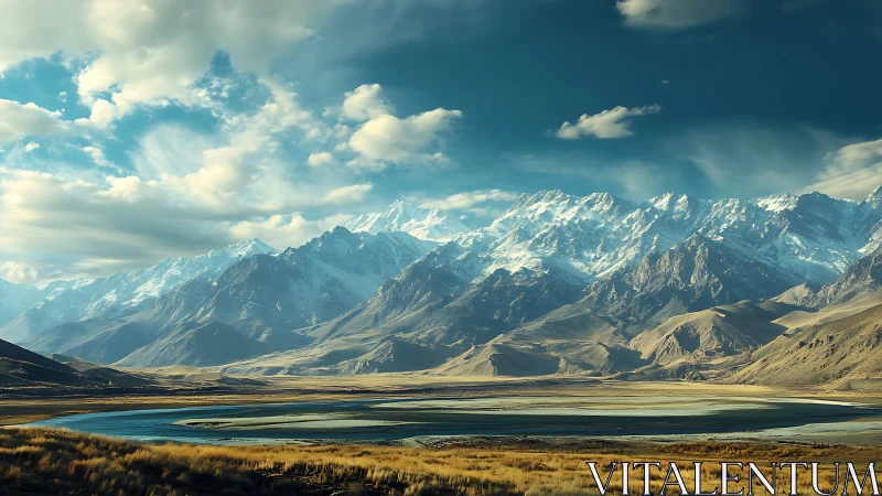 Snowlit mountain range rises over tranquil highland lake