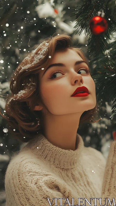 Woman with red lips gazes beside snowy Christmas tree