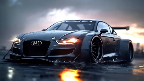 Low-slung Audi race car roars over a rain-soaked track.