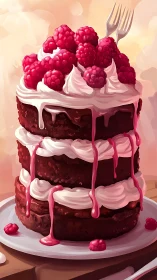 Layered Raspberry Cake with Cream and Fresh Berries.