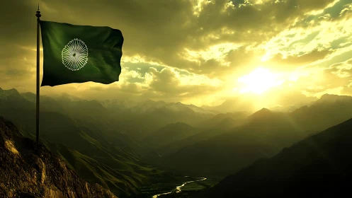 Lone green flag ripples above sunlit mountain valley at dusk