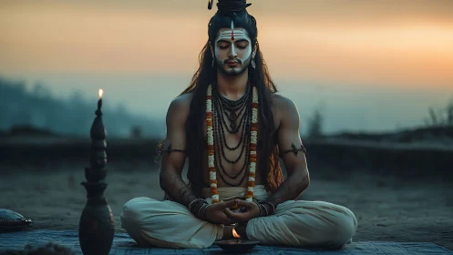 Serene meditative deity figure at dusk in digital artwork.