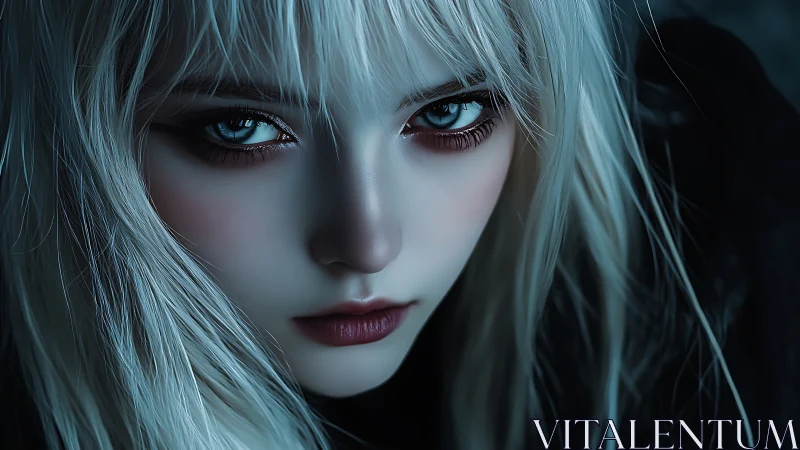 Moonlit silver-eyed sorceress in icy cinematic close-up.