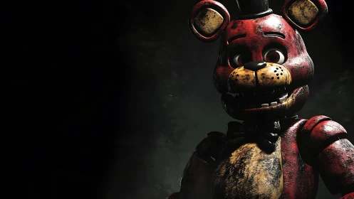 Distressed red animatronic bear in dramatic spotlight.