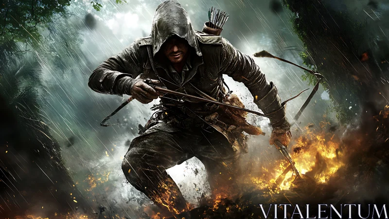 Hooded archer charges through burning forest under rain.