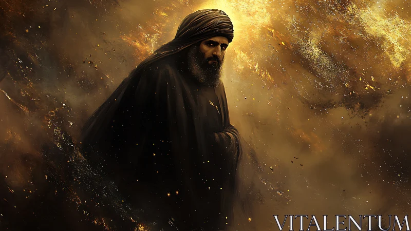 Hooded desert mystic emerging from turbulent golden nebula.