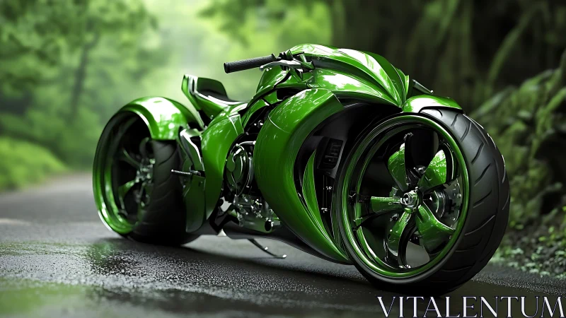 Sleek green future motorcycle waiting on a misty forest road.