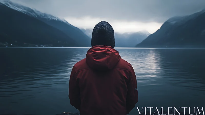 Solitary figure studies misty fjord under overcast mountain sky
