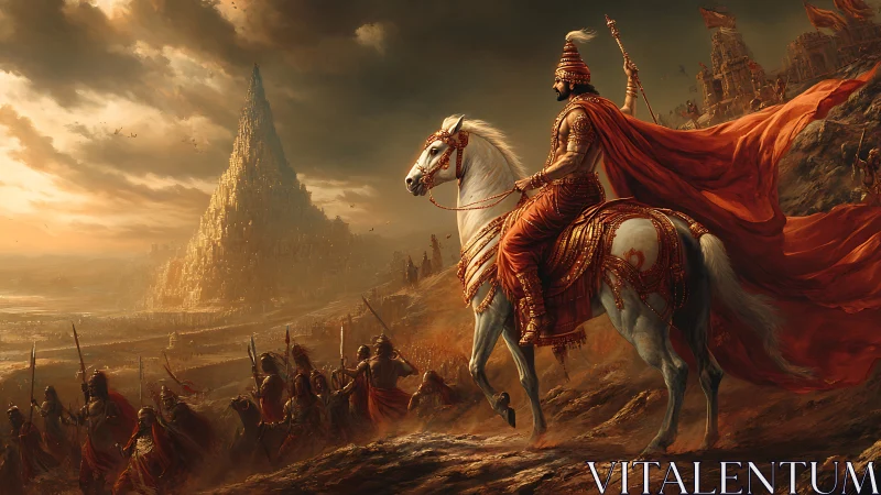 Warrior king on white horse surveys a looming golden citadel