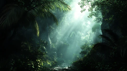 Mystical Rainforest Path Bathed in Ethereal Sunlight.