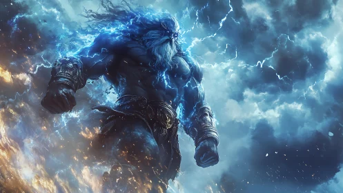 Storm-lit muscular figure stands amid dense charged clouds