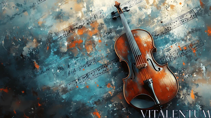 Violin on abstract blue background with floating sheet music.