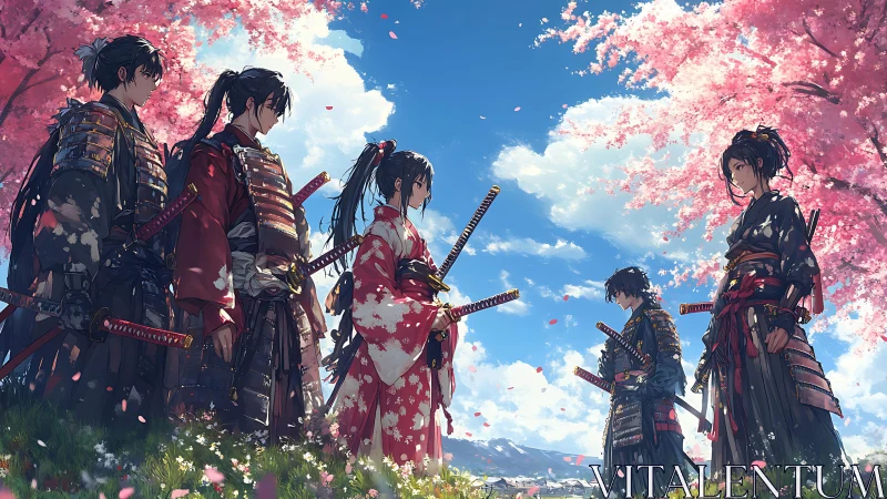 Samurai friends sharing quiet spring vows beneath sakura.