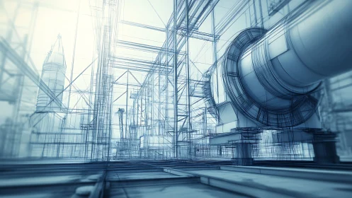 Wireframe industrial plant visualizes large-scale mechanical systems