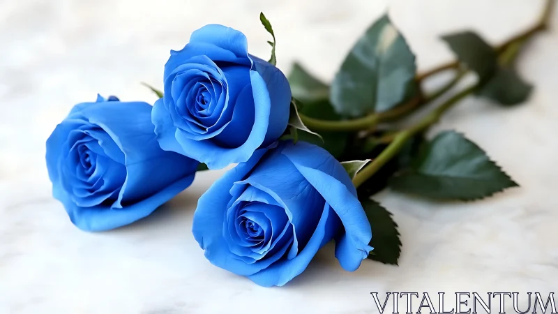 Three Cerulean Roses in Staged Botanical Arrangement.