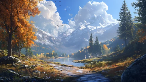 Autumn alpine valley with river, snowcapped peaks and hikers
