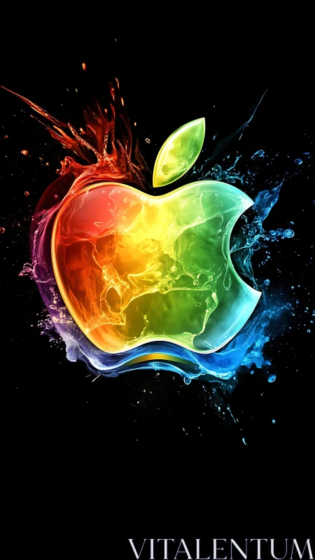 Iridescent liquid apple silhouette glows against deep black field