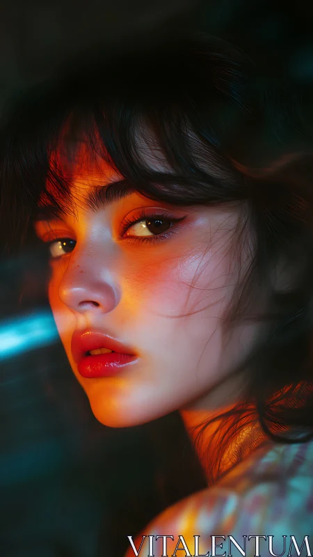 Chromatic side‑lit portrait under cinematic neon gradients.