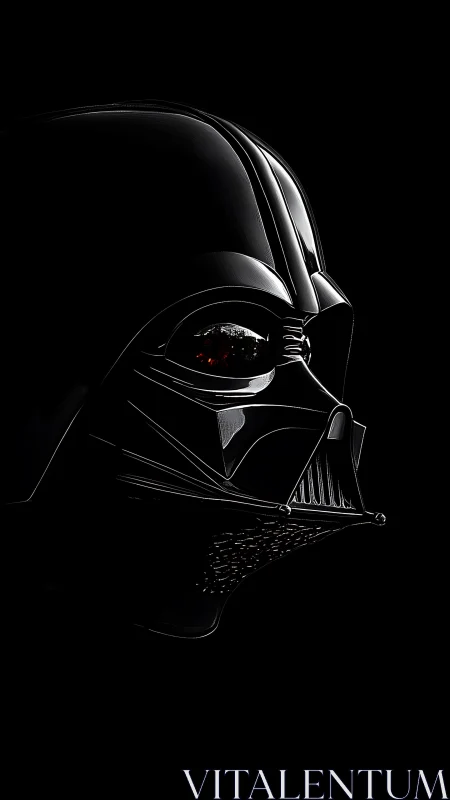 Dark sci fi helmet closeup in stark black background view.