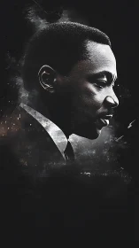 Side-profile portrait of man in suit on dark textured field