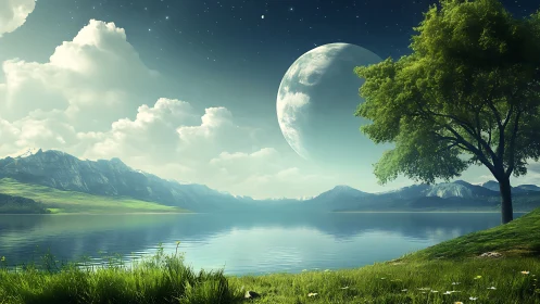 Serene alien lake under colossal moon and drifting clouds.