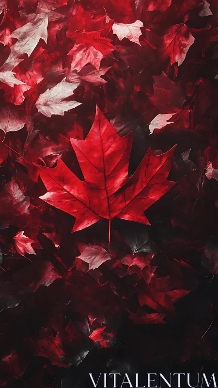 Red maple leaf composition on dark seasonal foliage background.