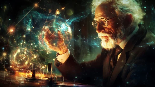 Elderly scientist studies luminous spheres amid abstract networks