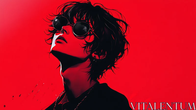 Sunglass rebel in crimson glare, carved from shadowlight.