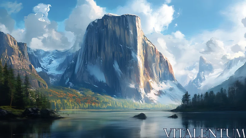 Sunlit granite monolith reigns over glassy alpine valley lake.
