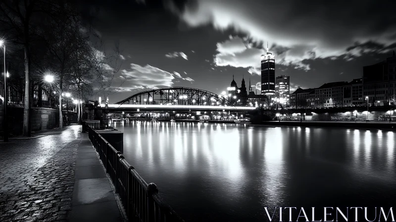 Monochrome long‑exposure riverside skyline with arched bridge.