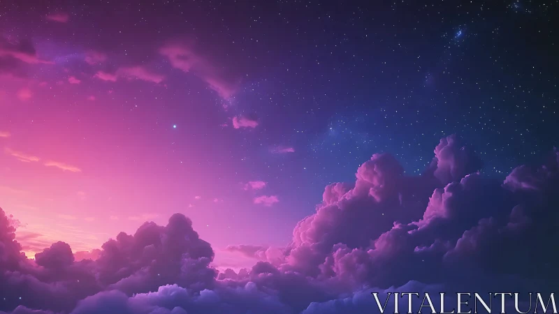 Vibrant purple night sky over glowing cloud horizon.
