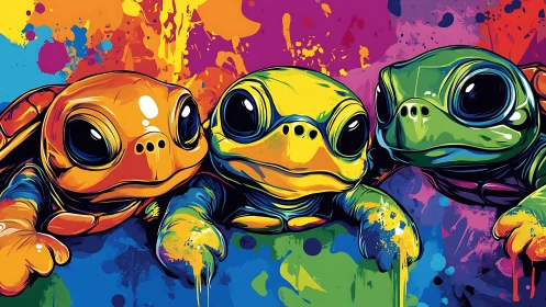 Colorful stylized turtles against bold abstract splashes.