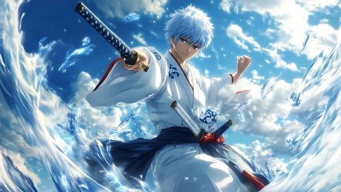 Samurai swordsman commands dynamic water arcs in sky