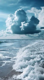 Towering sea clouds over foaming turquoise shoreline.
