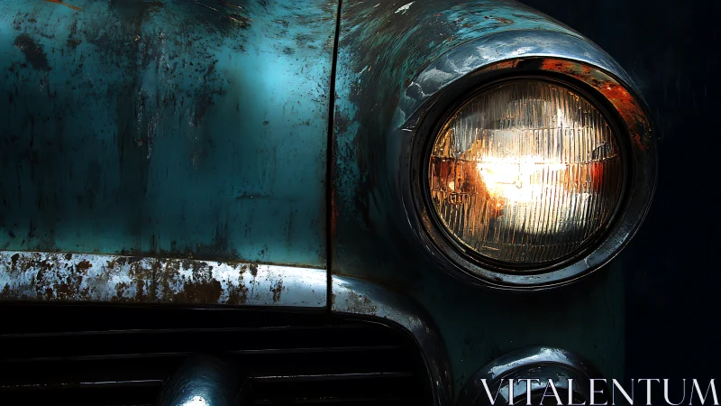 Weathered teal classic car front with glowing headlight detail.