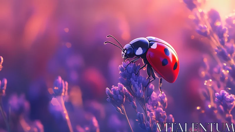 Ladybug rests on lavender flower in shallow depth of field