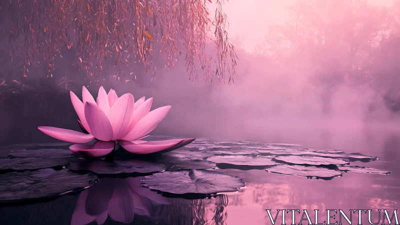 Dreamy pink lotus drifting on a tranquil misty pond.