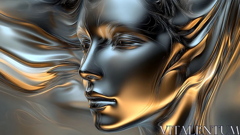 Liquid metal muse in flowing chrome and gold light.