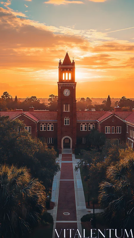 Sunlit campus clock tower rises above red-brick halls at dusk.