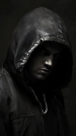 Hooded male figure in dark clothing with low key lighting.