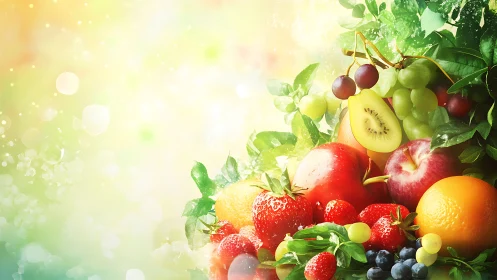 Colorful mixed fruits on bright abstract background.