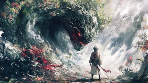 Lone warrior confronting colossal forest spirit vortex.