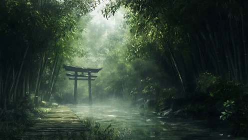 Mist-veiled torii gateway within tranquil bamboo grove.