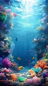Coral reef scene shows colorful fish beneath sunlit water