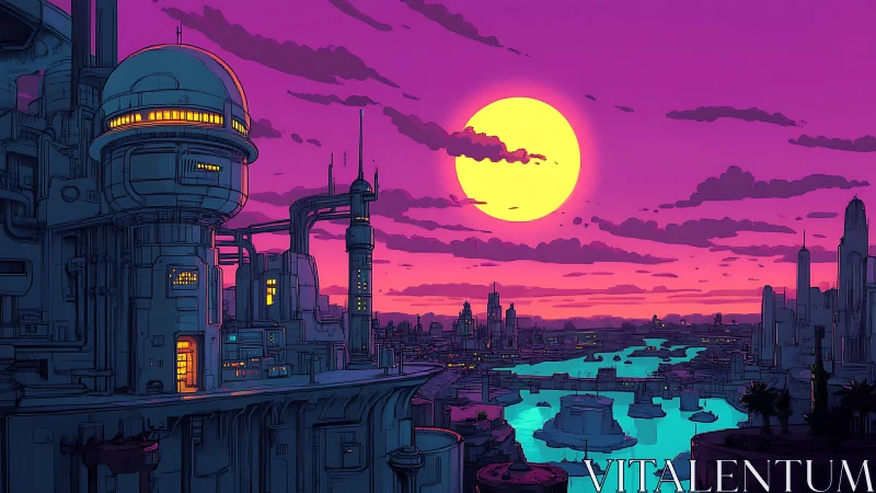 Neon magenta cyberpunk river city under oversized sunset